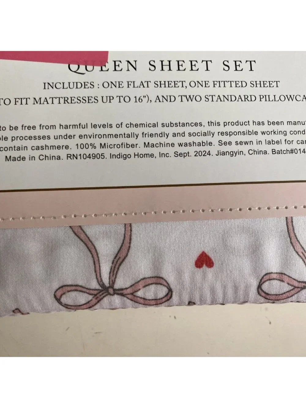 Cupcakes & Cashmere Pink Bows And Hearts QUEEN SIZE Sheet‎ Set Coquette NEW